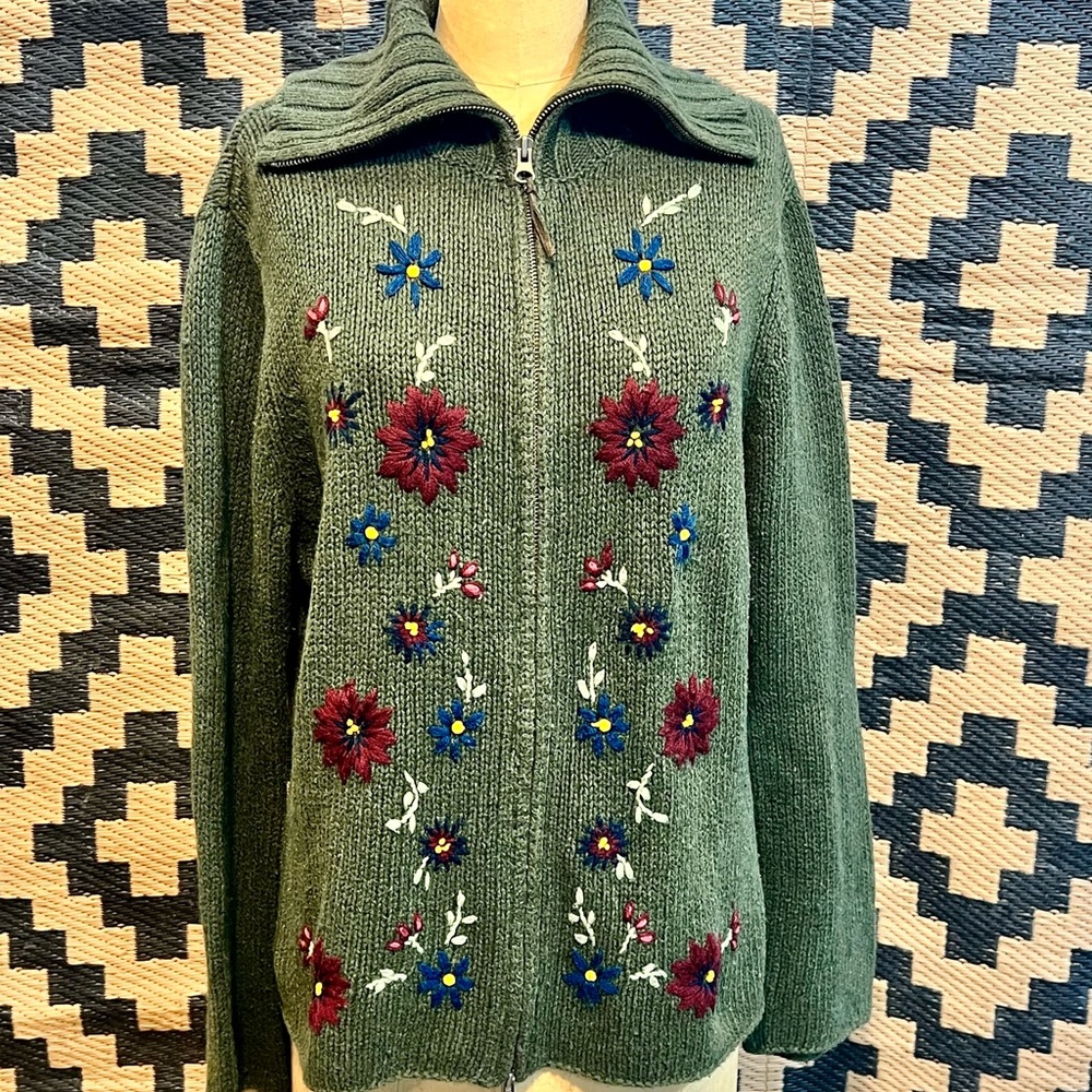 VINTAGE earthy mossy green embroidered floral botanical knit cardigan sweater - Picture 8 of 11